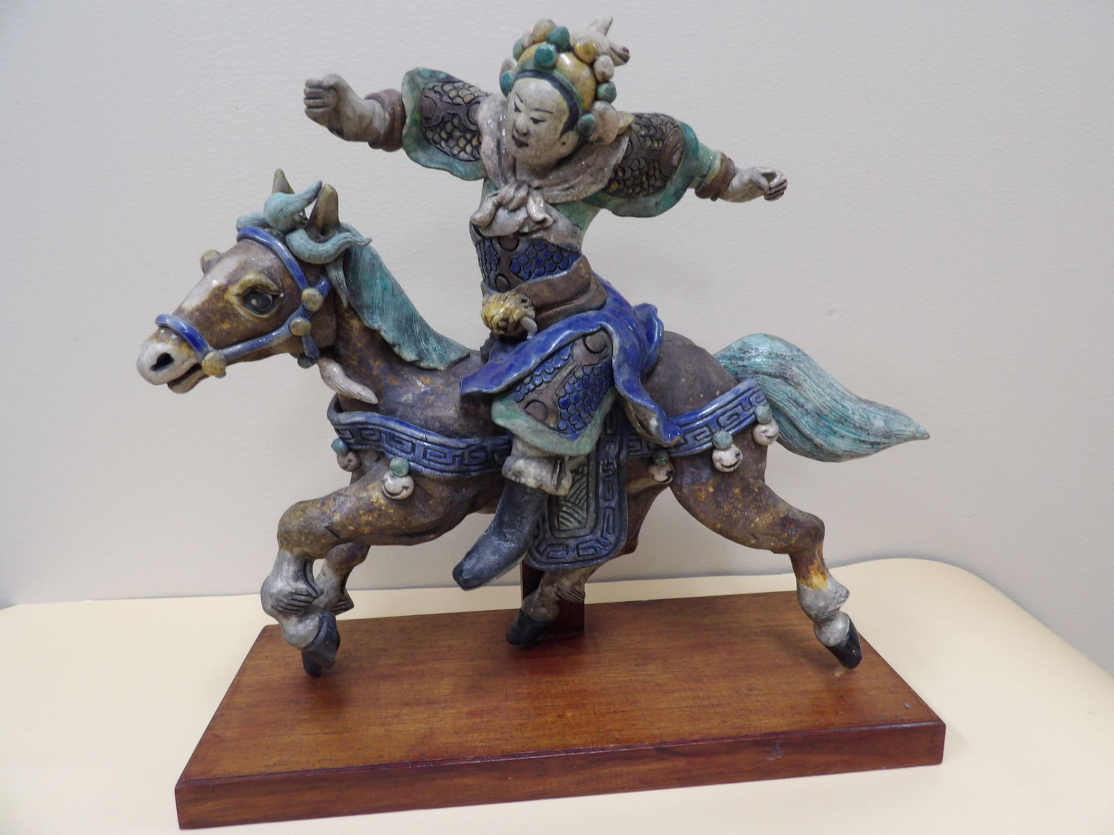 antique Chinese warrior riding a horse roof tile sculpture mounted on wooden base (1 of 7)