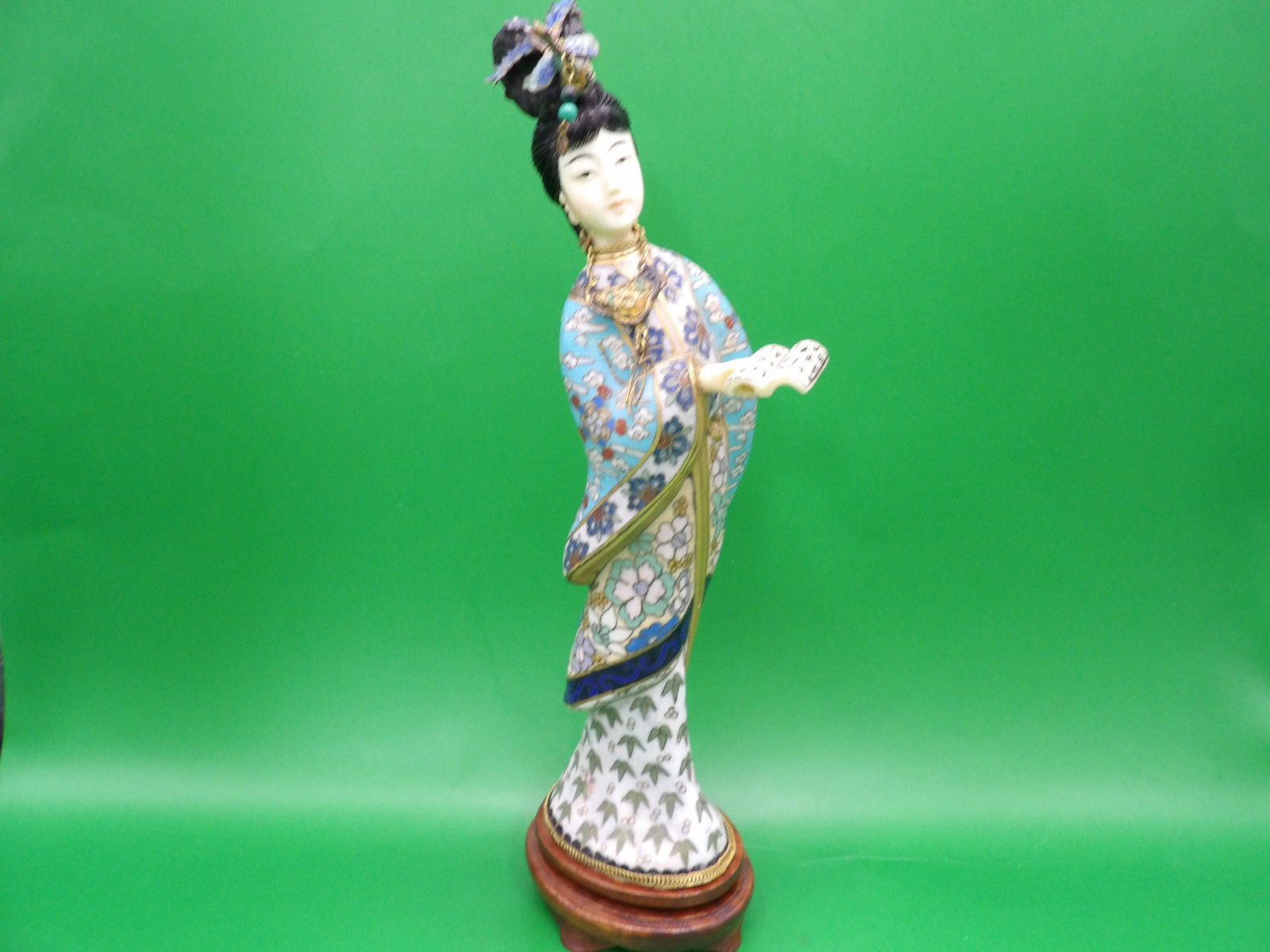 antique Chinese fine cloisonne figurine with carved natural material face: 10.2 inches height including wooden base. No international shipping.