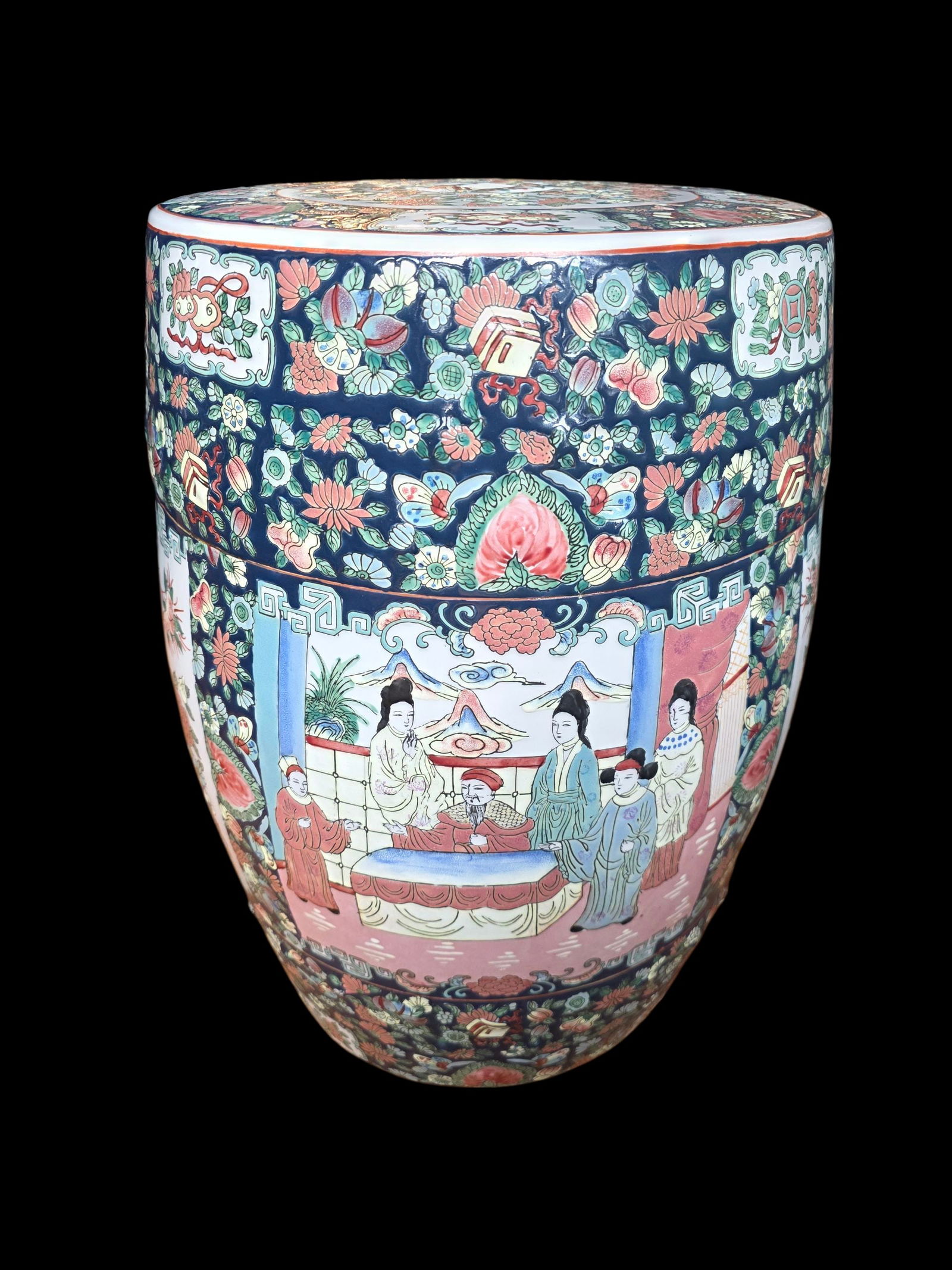 Chinese famille rose porcelain garden stool: 18 inches height.