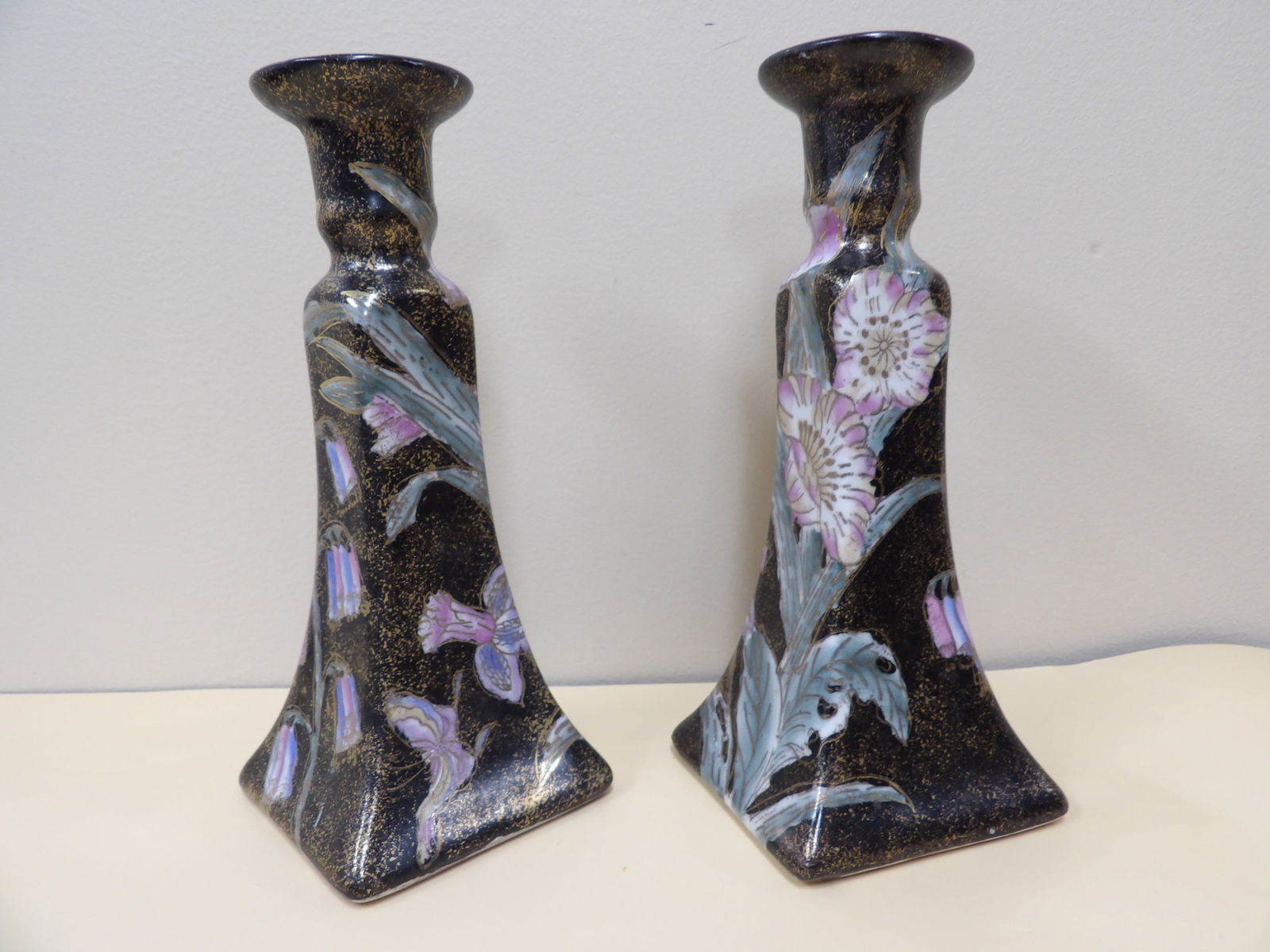 Pair of Chinese famille rose porcelain candle holders signed (1 of 5)