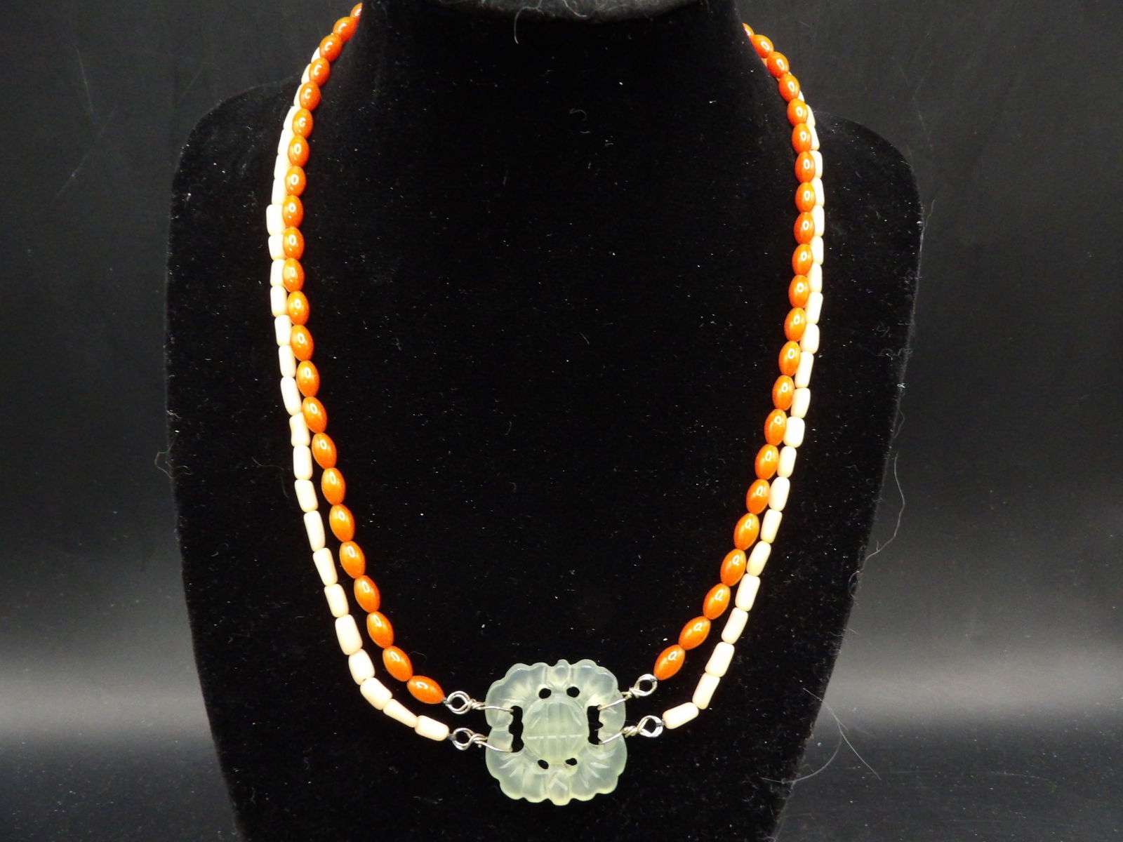 red coral and angle skin coral double strands necklace with jade pendant (1 of 4)