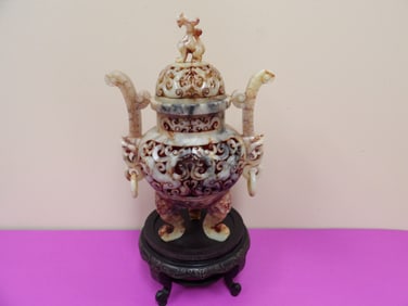 Chinese jade carved reticulated incense burner on wooden base