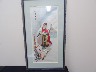 Framed Chinese silk embroidery of Zhaojun going out of the frontier
