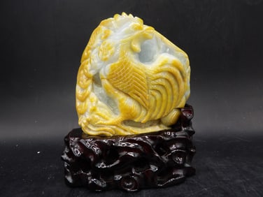 Chinese jadeite jade boulder carving of a rooster on wooden base
