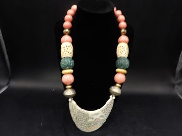 Large beaded necklace with carved 3.3 inches length pendant - No Export