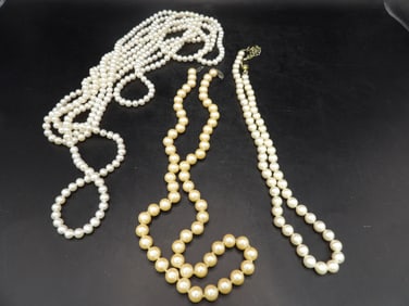 Lot of 3 champagne and white color pearl necklaces including 100 inches length