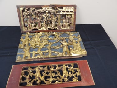 lot of 3 Chinese antique gold gilt wood carving panels