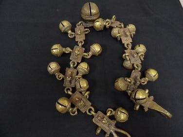 Rare Chinese Tibetan bronze bell long chain with raised beast motif
