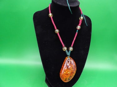 Chinese amber pendant burgundy cord necklace