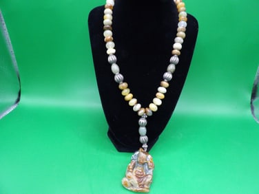 Chinese fine carved large jadeite jade pendant stamped sterling clasp necklace