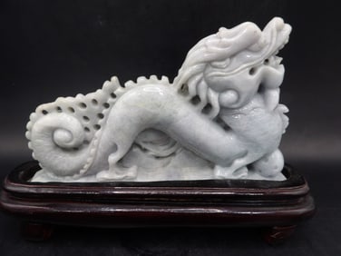 Chinese jadeite jade dragon carved statue with wooden base