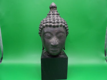 Antique Asian Thai bronze buddha head mounted on wood base