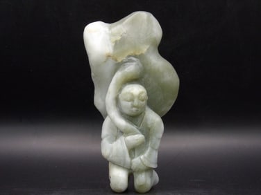 Antique Chinese Nephrite Jade Boy Holding Lotus Leaf Carving