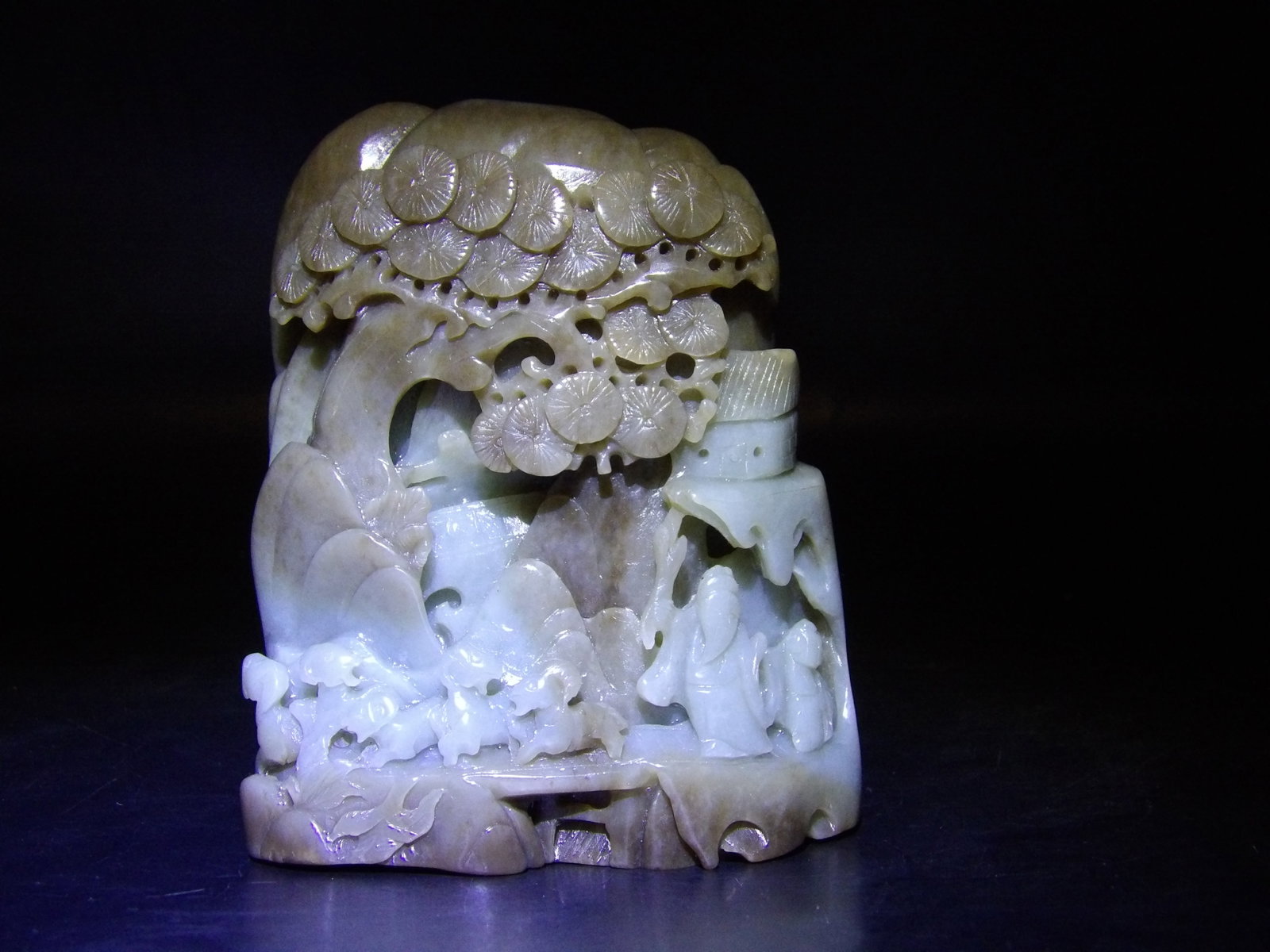 Stunning Quality Nephrite Jade Carved Boulder: Fine carving on both front and back. 4 inches height. 789 grams.