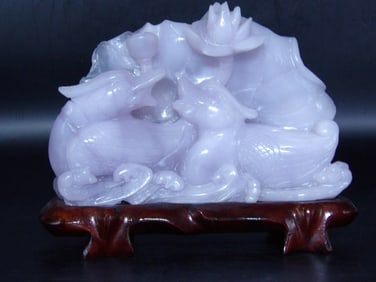 Chinese Lavender Jadeite or Fluorite Carved Ducks Lotus