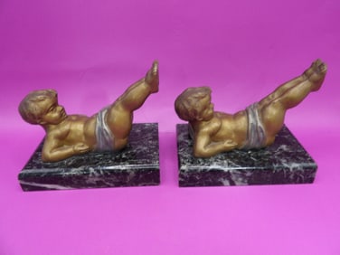 lot of 2 Cherub on marble base bookends