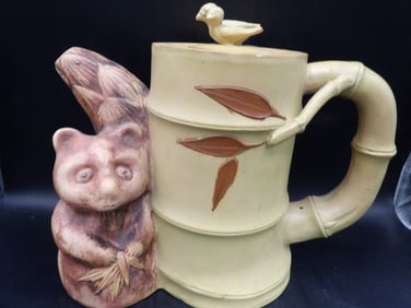 rare large Chinese yixing teapot with bamboo stalk panda bear and birds on the lid
