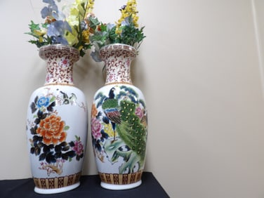 lot of 2 Chinese porcelain floral pattern vases silk flowers 24 inches - $100 in-house shipping