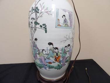 Antique Chinese hand painted large porcelain vase converted lamp fine painting Chinese calligraphy