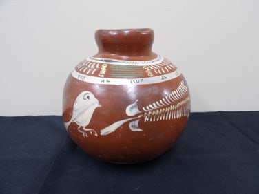 Antique Mexico purepecha michoacan redware olla hand painted bird pot
