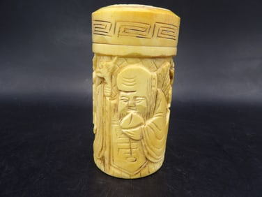Antique Chinese bone lidded container carved with Longevity God and Boys
