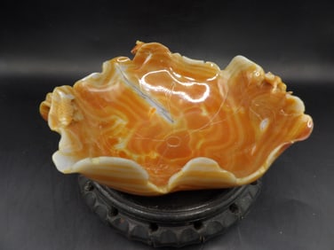 Chinese carved carnelian lotus fish frog large brush washer with wooden stand