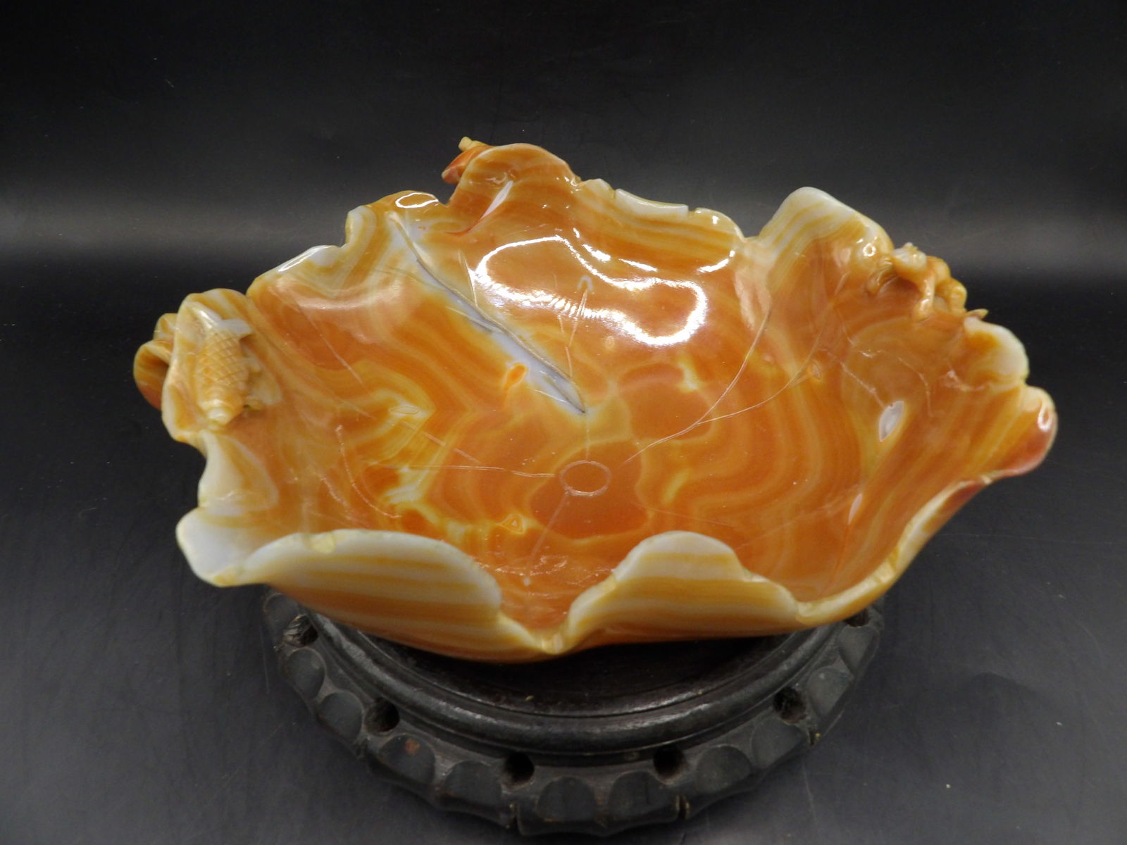 Chinese carved carnelian lotus fish frog large brush washer with wooden stand: 7.5 inches length.
