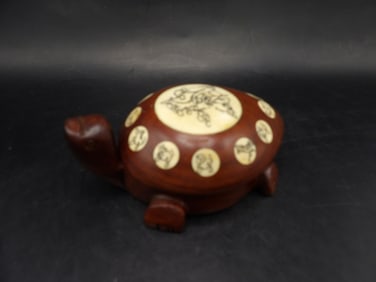 Chinese carved rosewood bone turtle shaped zodiac calender