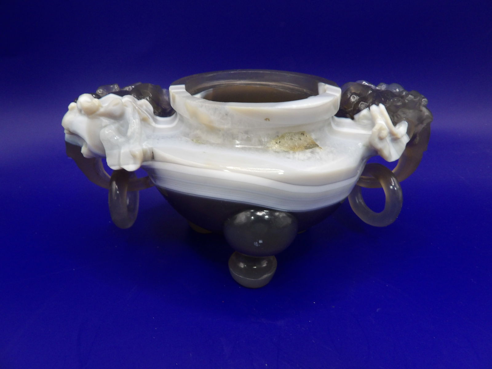 Chinese agate incense burner with mask handles: 6 inches length.