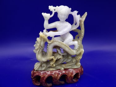 Antique Chinese jadeite jade carving of a girl on top of dragon with custom wooden base