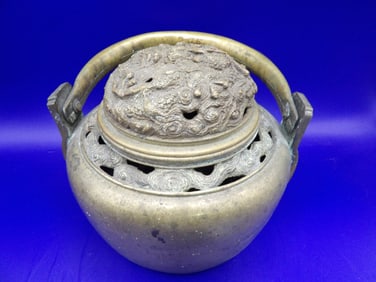 Chinese antique dragon lid brass hand warmer incense burner