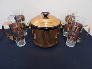 Lot of 5 Asian ice bucket and 4 glass copper cups
