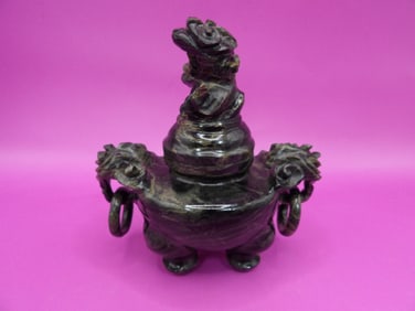 Chinese carved jade incense burner with foo dog lid