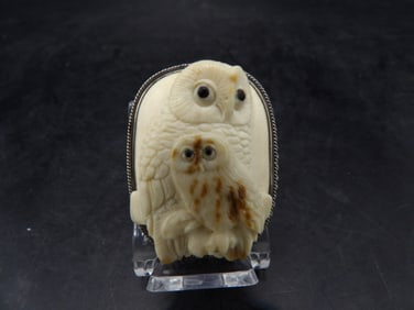 very fine double owl natural material carved stamped K 925 silver brooch - No Export