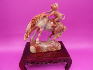 Chinese shoushan stone carved monkey on top of horse statue