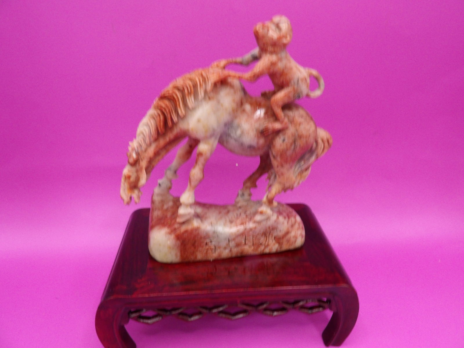 Chinese shoushan stone carved monkey on top of horse statue (1 of 5)