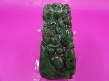 Chinese jade carved foo dog and lingzhi large pendant