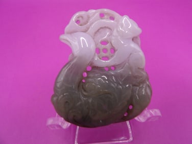 Chinese fine two tone jade carved monkey on a mandarin duck pendant