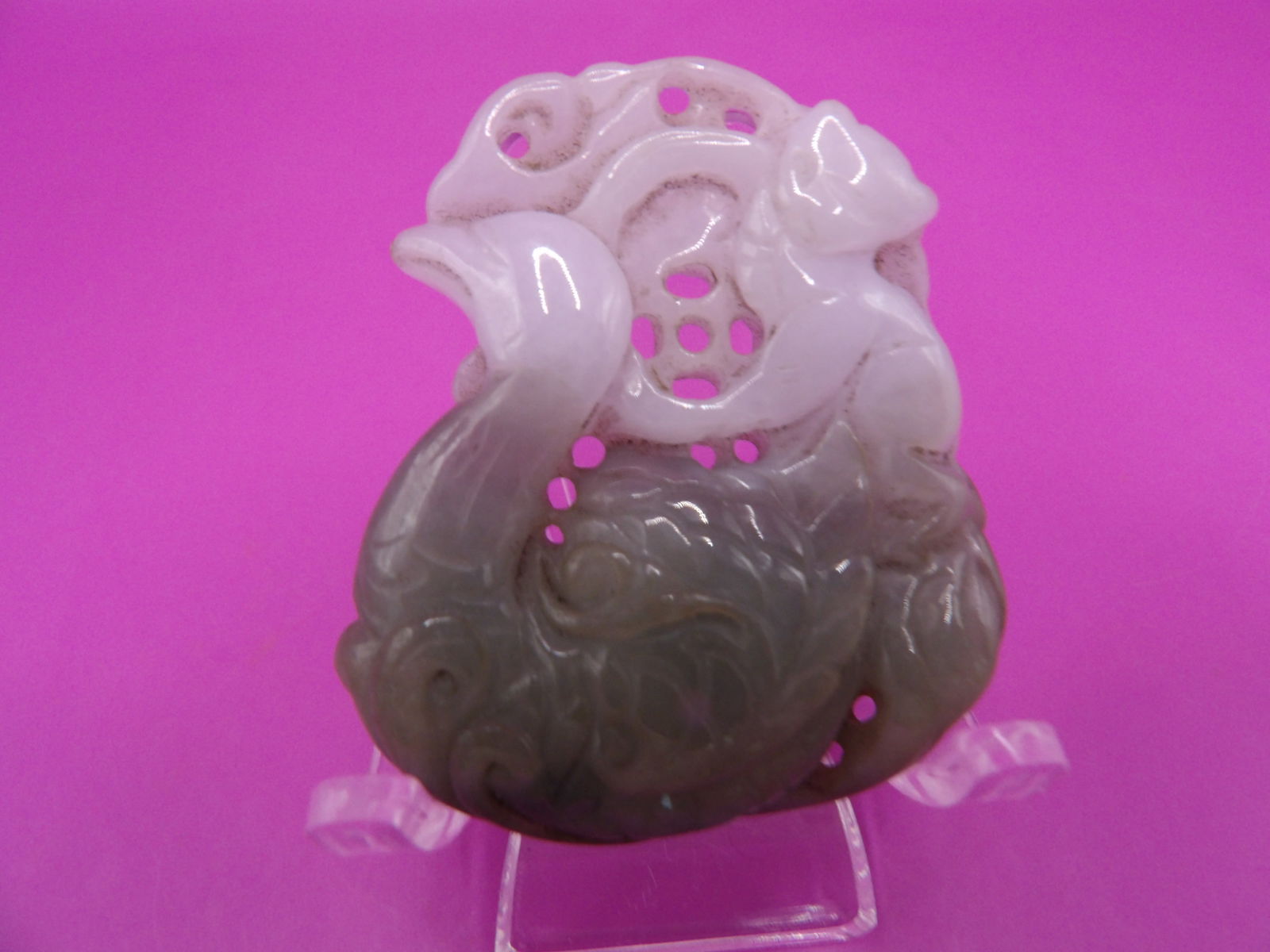 Chinese fine two tone jade carved monkey on a mandarin duck pendant (1 of 7)