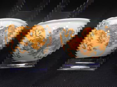 Chinese iron red hand painted lion tea cups lot of 2 with Qing dynasty Qianlong mark