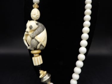 Signed carved natural material panda 34 inches long necklace - No Export