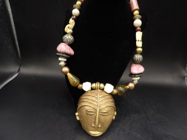 bronze face mask pendant necklace with carved horn bone copper gem stone beads - No Export