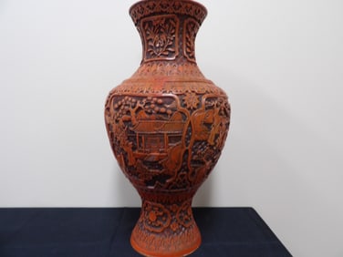 large Chinese cinnabar brass vase with 4 panels of characters and scenary