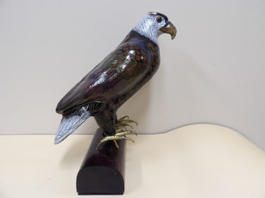 Chinese cloisonne eagle statue on wooden base