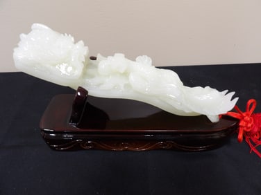 Chinese stone carved dragon phoenix scepter on wooden base