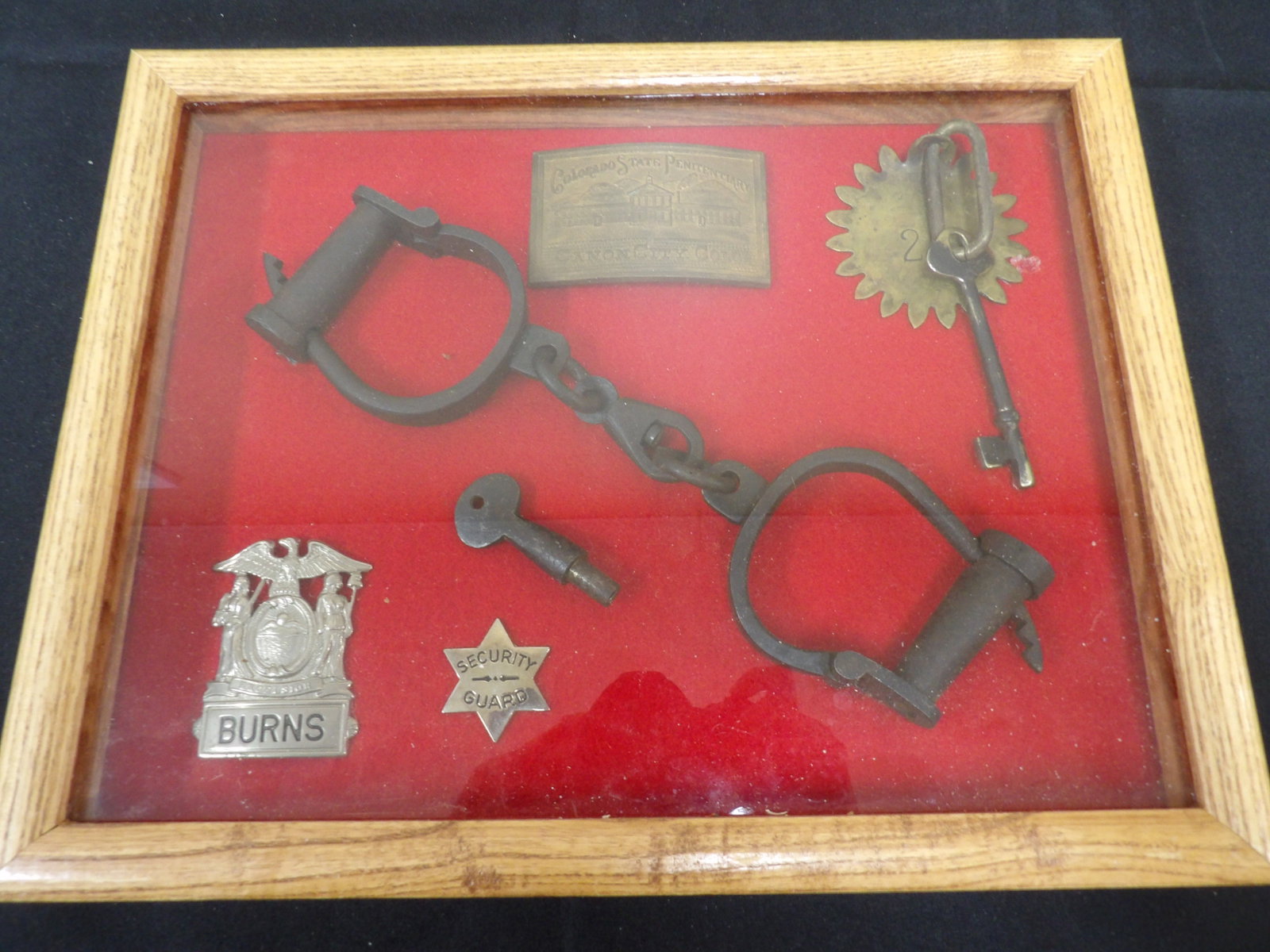 estate framed Colorado State Penitentiary artifacts shadow box: Probably related to Harry Houdini. Frame is 14 inches length.