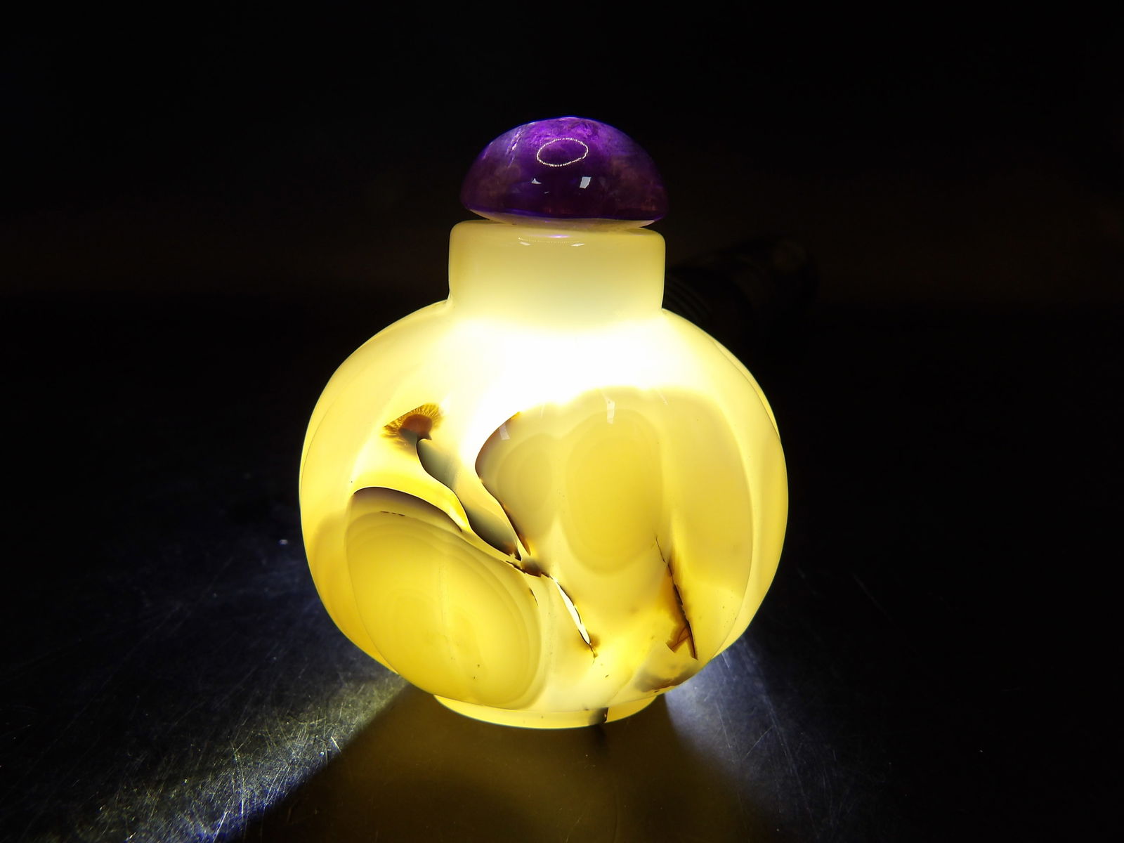 Chinese antique agate or marble snuff bottle with amethyst stopper (1 of 6)