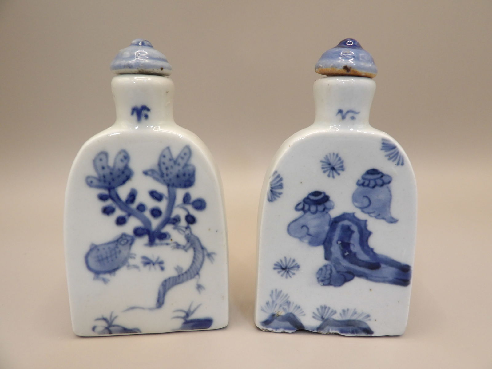 Chinese Qing dynasty antique blue and white porcelain snuff bottles lot of 2: 3.7 inches height.