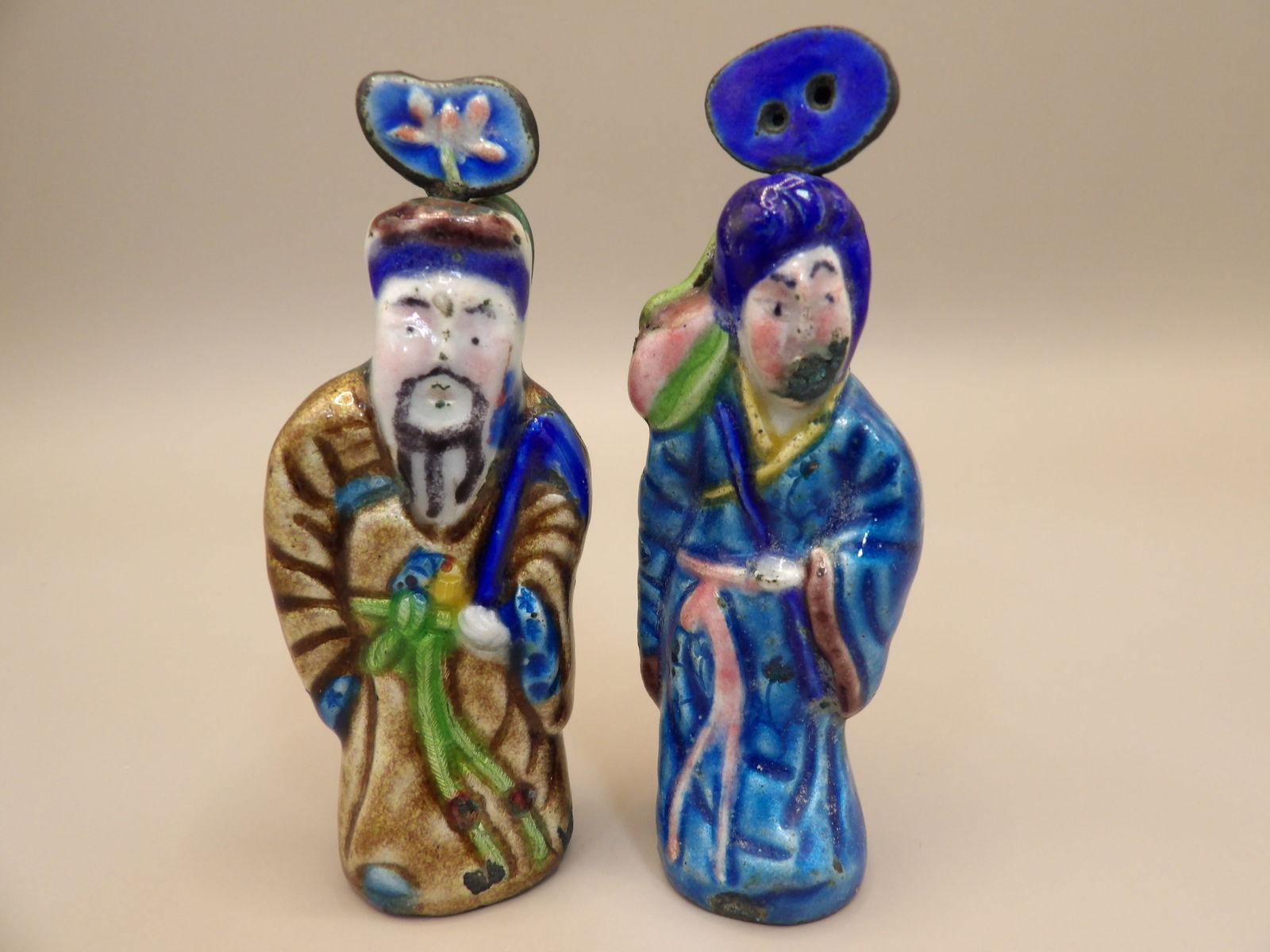 19th century Chinese copper enamel figural snuff bottle stamped China (1 of 5)