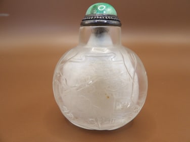 rare antique Chinese carved rock crystal snuff bottle with jade stopper